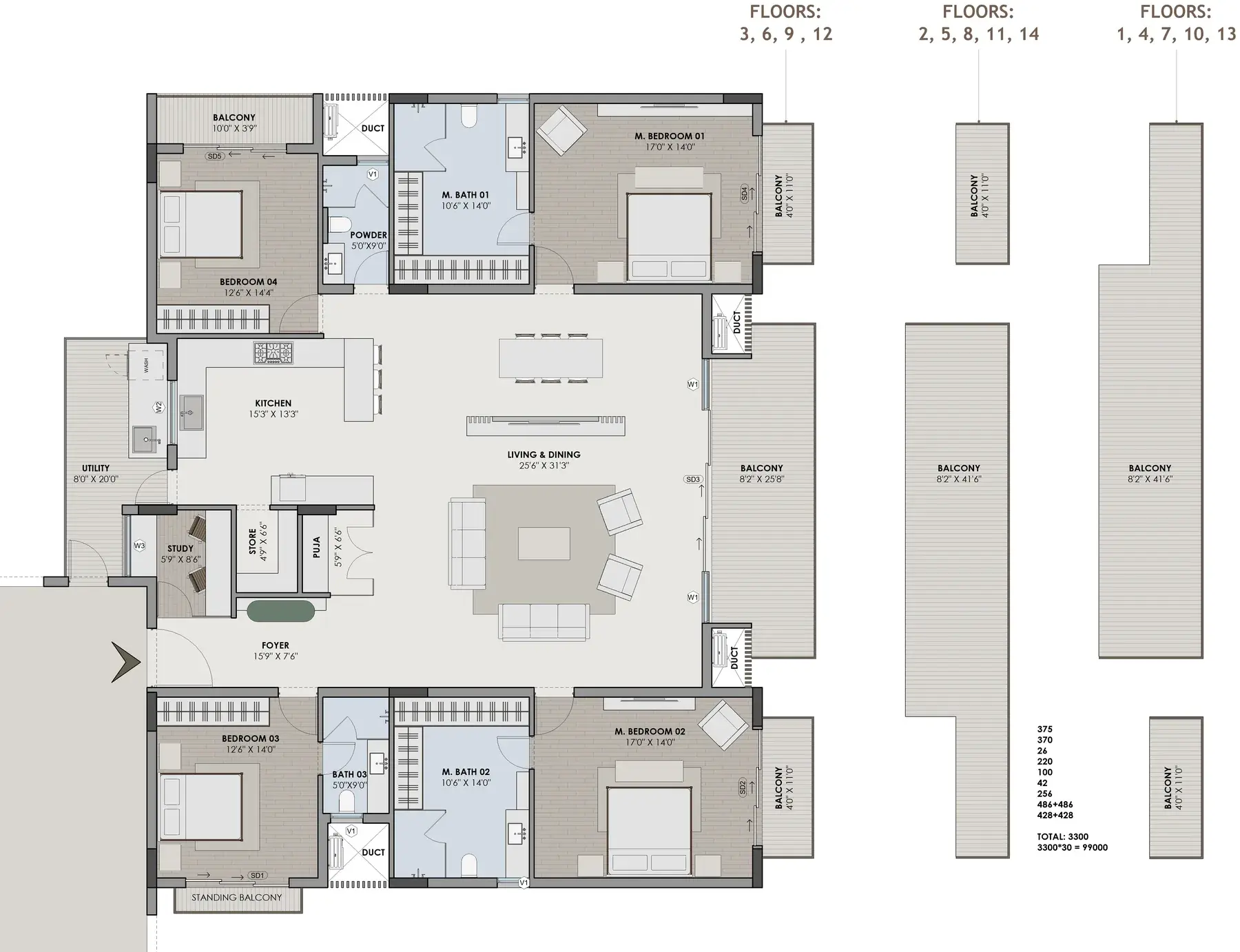 Unit plan of the 4BHK apartment