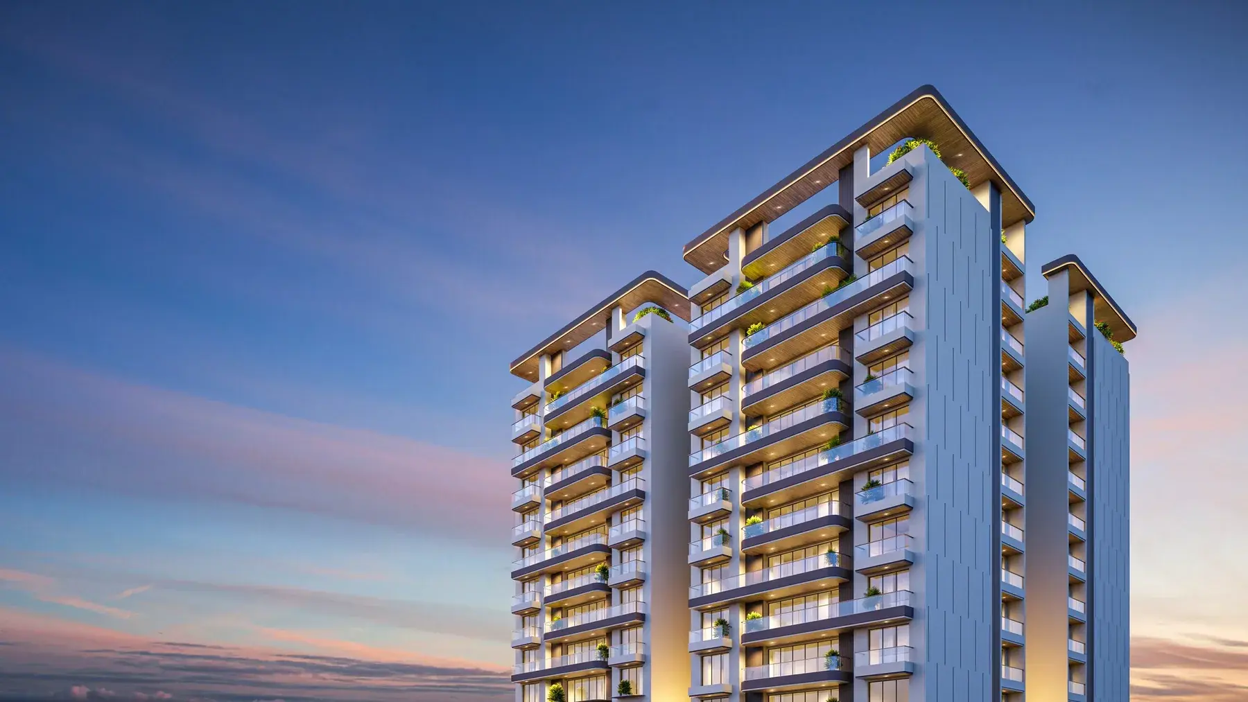 Dusk elevation render of the Seven9 Vierra towers